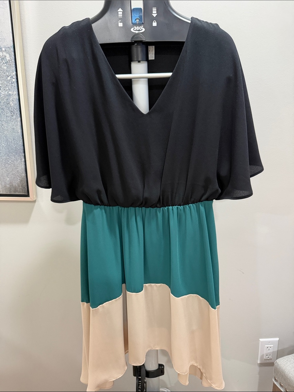 Women NYMPHE Colorblock V-Neck Midi Dress - Black, Teal & Cream